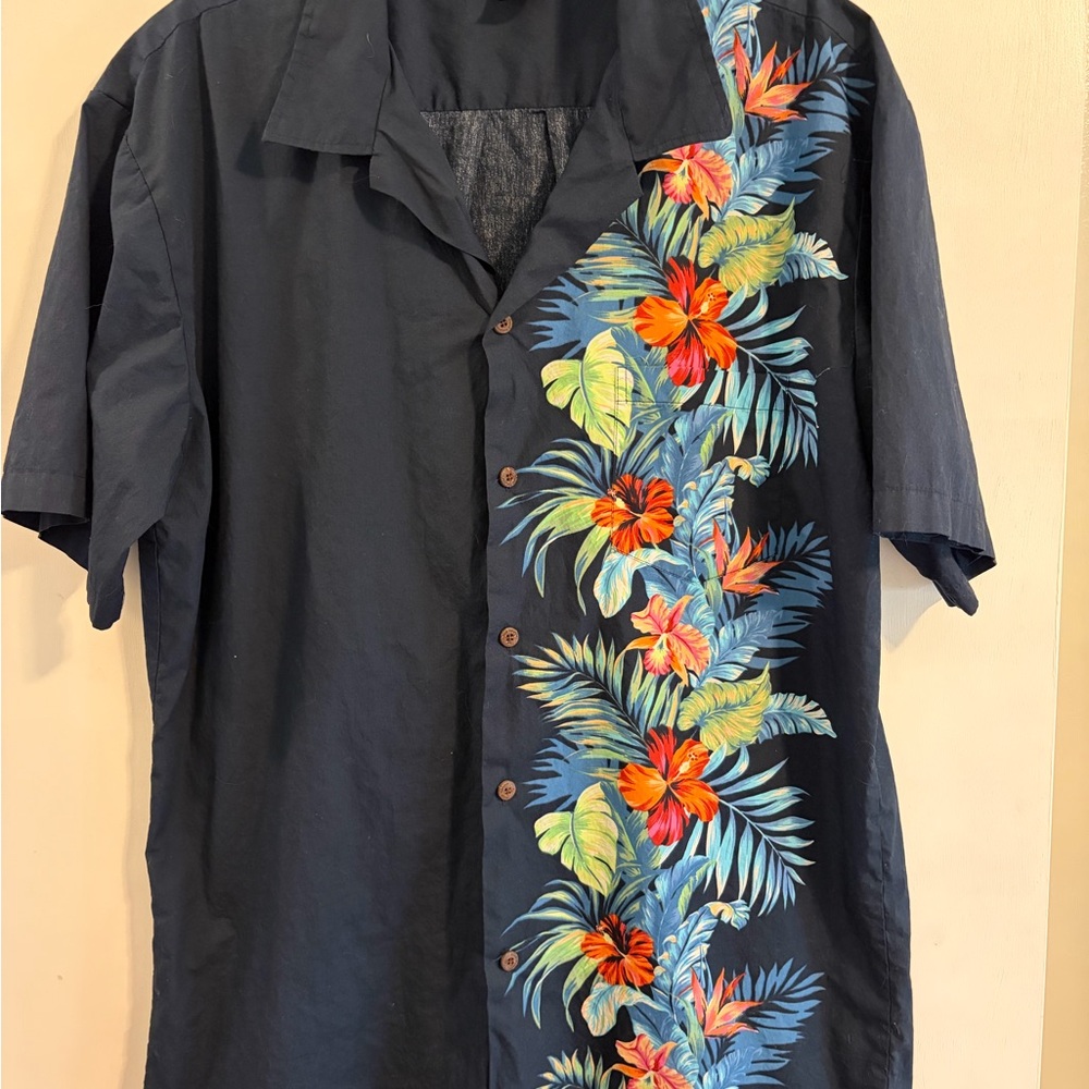 Navy Short-Sleeve Hawaiian Floral Button-Down Shirt